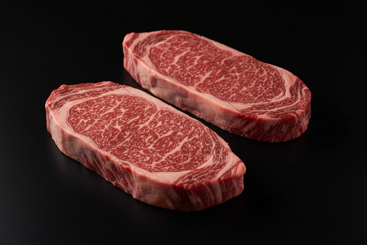 American Wagyu Topsirloin steak image with black background. 2 steaks should be shown in the image.